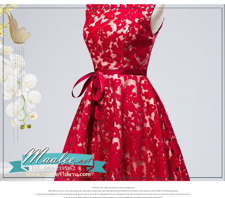 พร้อมเช่า ชุดราตรีสั้น แขนกุด สไตล์สวยหวาน 3มิติ กระโปรงพองนิดๆ สีไวน์แดง (ซิปหลัง)