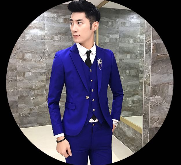 พร้อมเช่า ชุดสูทชาย สีน้ำเงินเข้ารูป แต่งกระดุมทอง (ไม่มีเสื้อกั๊ก)