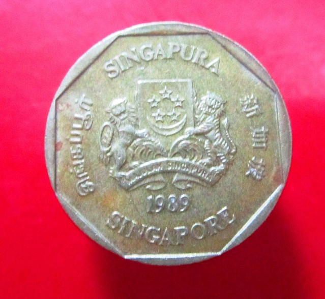 เหรียญสกุลเงิน 1 ดอลลารื ประเทศ สิงคโปร์ ค.ศ 1989 สีเหลือง