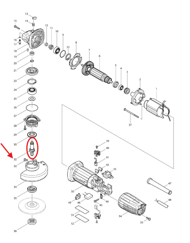 SPINDLE หินเจียร Makita-มากีต้า GA4030, GA4031 [#32],DGA405 [#26] Pn.324956-6 (แท้) ## (*)