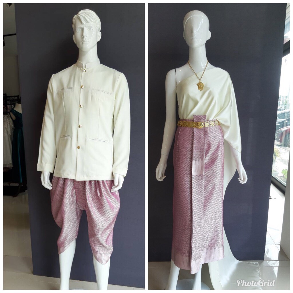 เช่า ชุดไทย ชุดเพื่อนเจ้าสาว ชุดไทยผ้าถุงสีม่วง สไบเรียบสีงาช้าง