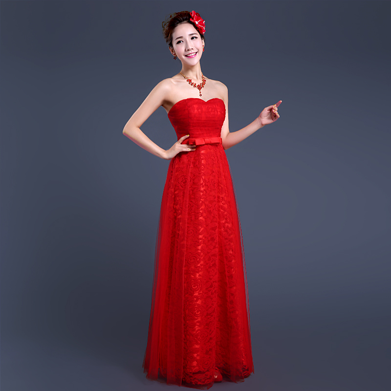 พร้อมส่ง ชุดราตรียาว เกาะอกลูกไม้ คลุมผ้าตาข่ายชั้นนอก แต่งโบว์ช่วงเอว สีแดง