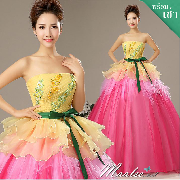 พร้อมเช่า ชุดแฟนซี ชุดราตรียาว แบบเกาะอก กรโปรงผ้าแก้ว สีเหลือง+ชมพู อกแต่งลูกปัดหรู โบว์คาดเอวสีเขียว