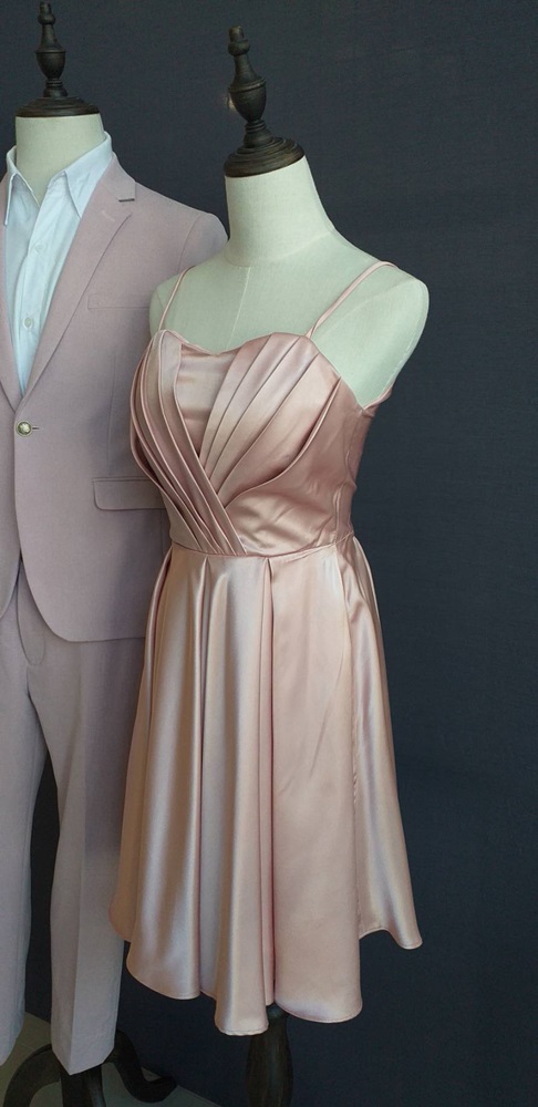 พร้อมเช่า ชุดราตรีสั้น สีโรสโกลด์ สายเดี่ยว จับจีบอก Sweet heart