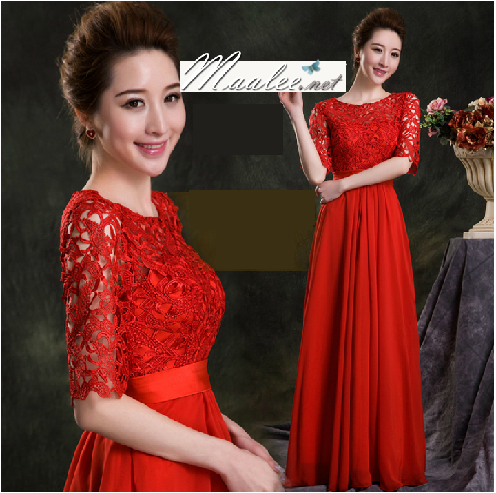 พร้อมส่ง ชุดราตรีสั้น สีแดง แขนสามส่วน ลูกไม้ฉลุ กระโปรงผ้าชีฟอง