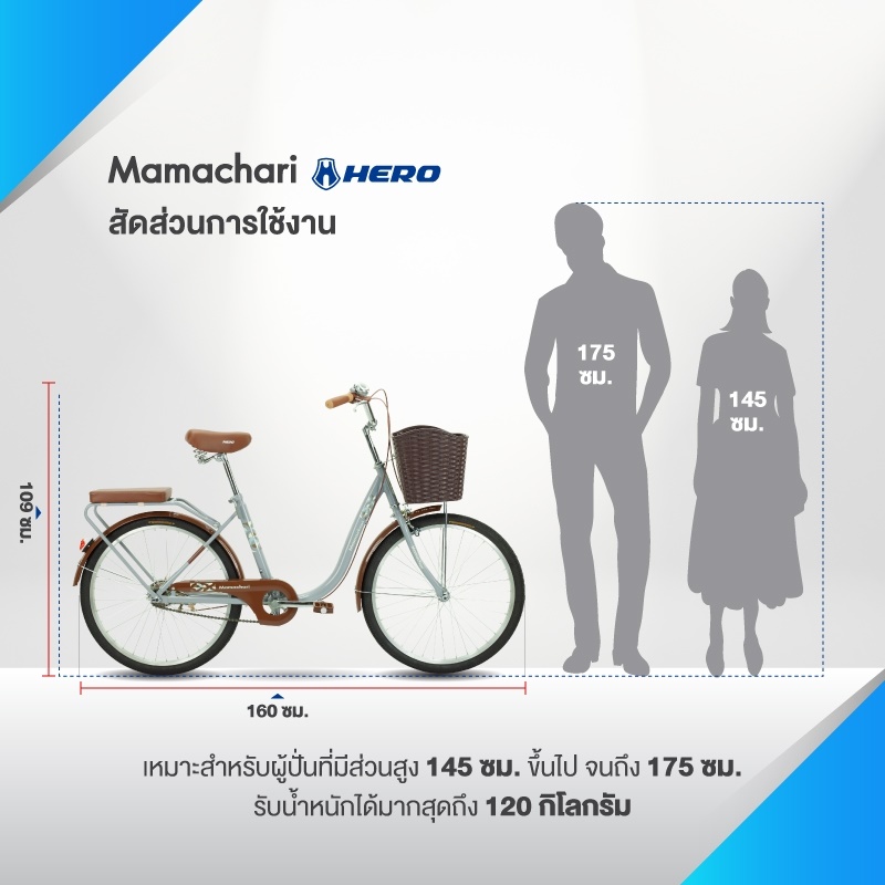จักรยานแม่บ้านสไตล์วินเทจ Hero รุ่น Mamachari ล้อขนาด 24" ไม่มีเกียร์ จักรยานแม่บ้านญี่ปุ่น พร้อมตะกร้าวินเทจ