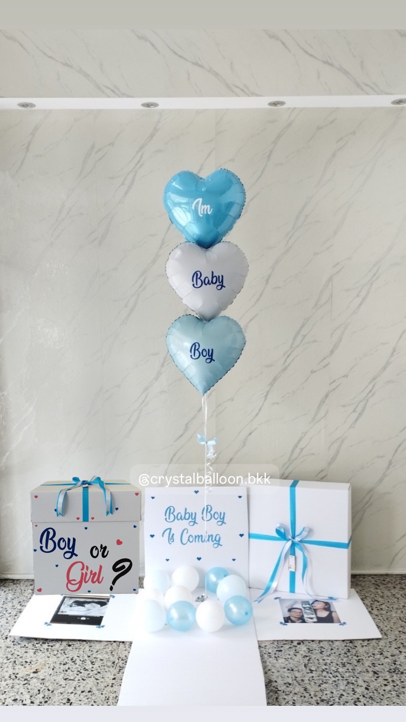 Gender Reveal Surprise Box กล่องเซอร์ไพรส์ทายเพศ พร้อม ฟอยล์หัวใจ 18" 3 ชิ้น พร้อมตกเเต่ง สามารถใส่รูปได้ 2 ใบ สามารถเปลี่ยนสีลูกโป่ง/เปลี่ยนข้อความ/เปลี่ยนสีฟอยล์ตกเเต่งได้