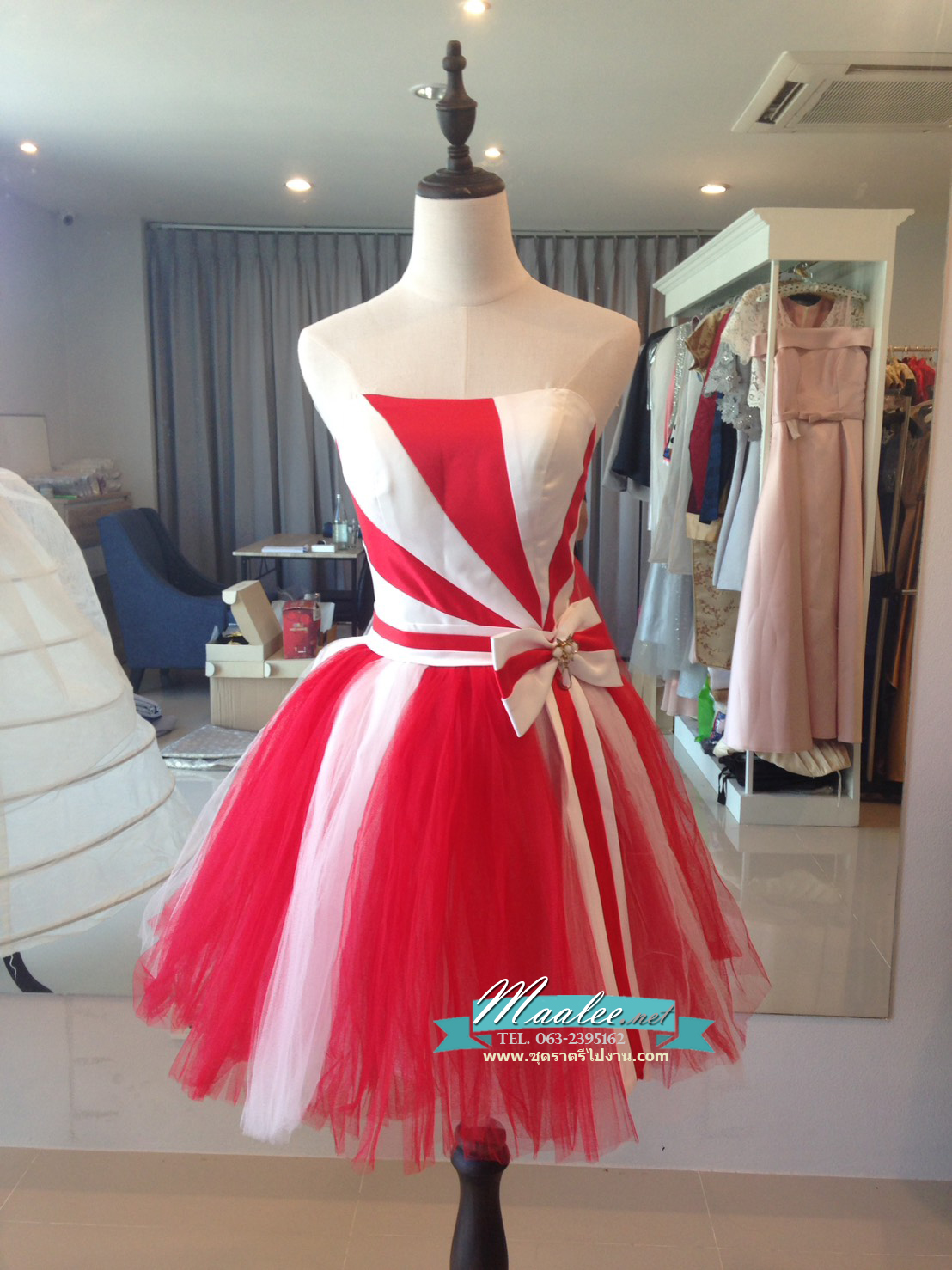 พร้อมเช่า ชุดแฟนซี ชุดราตรีสั้น เกาะอก กระโปรงสุ่ม ลายทางริ้ว เก๋มาก มี 3 สี