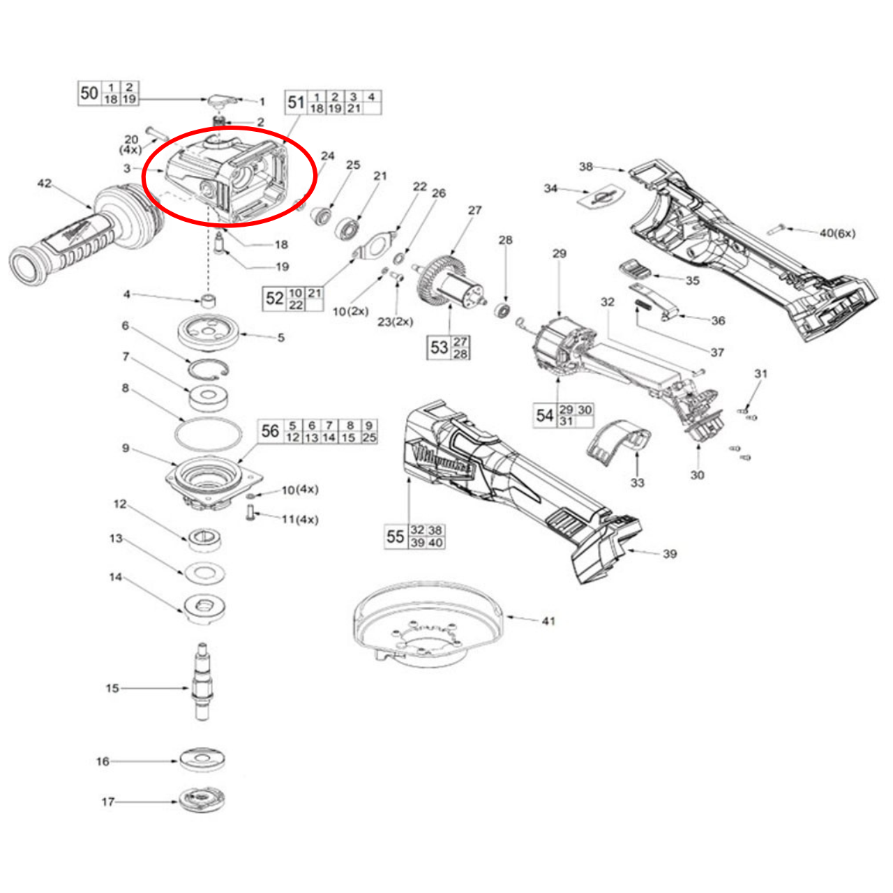 ชุดหัวกะโหลก หินเจียร Milwaukee รุ่น M18 FSAGV100XB #51 Pn.204322013MWK (แท้) ##