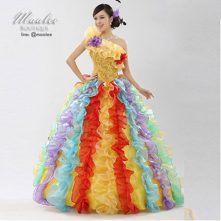 พร้อมเช่า ชุดแฟนซียาว ไหล่เดียว สีรุ้ง ระบายฟูสวย ช่วงอกปักเลื่อมแต่งดอก (ซิปหลัง)
