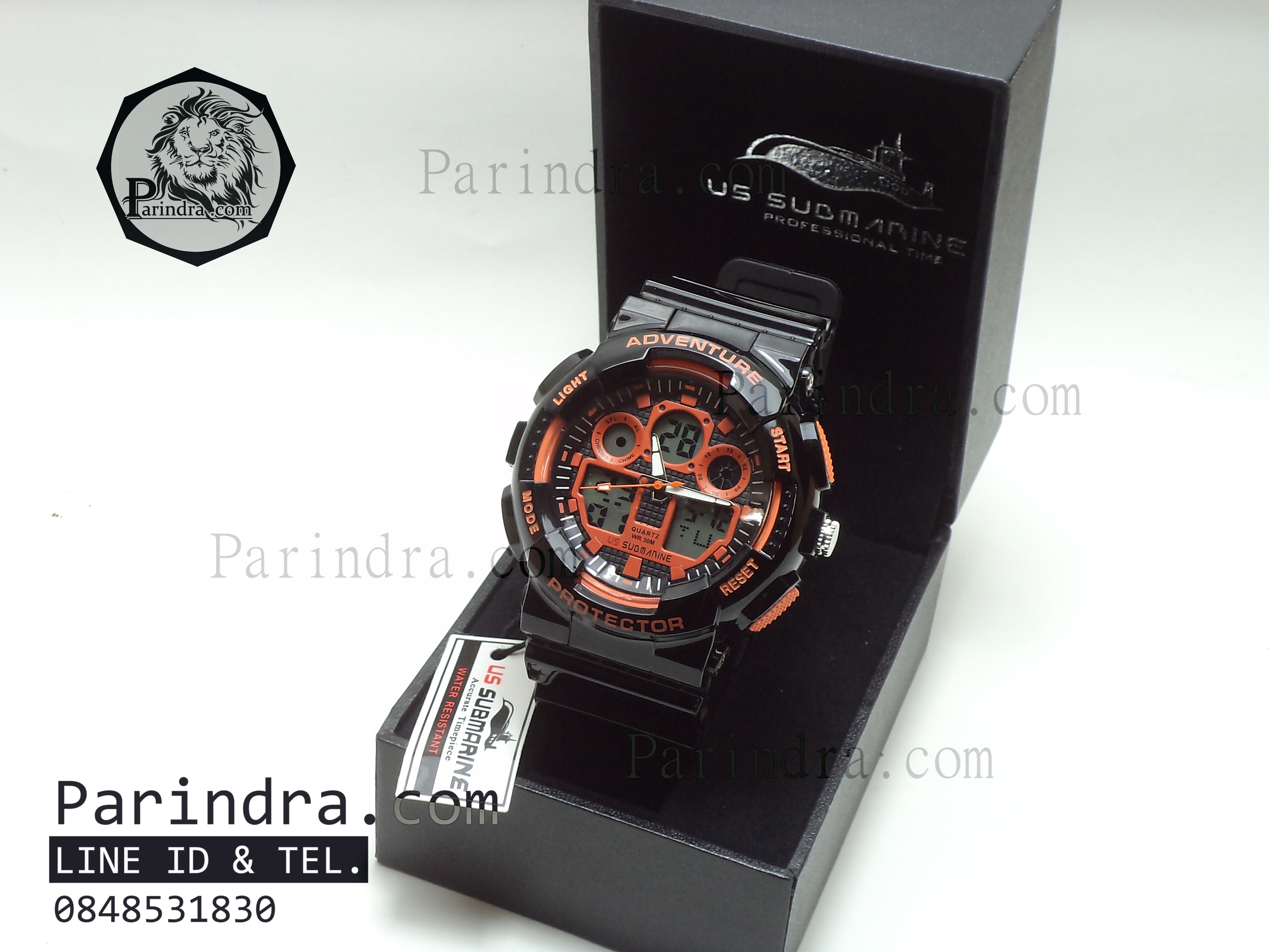 นาฬิกา US submarine Adventure Protector รุ่น TP3129M สีดำตัดส้มผิวมัน พื้นหลังเทา