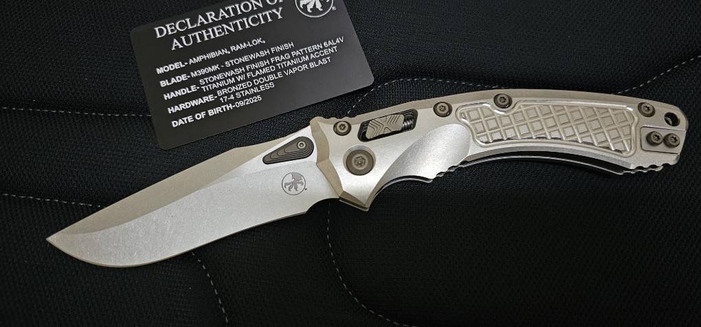 Microtech Marfione Select Amphibian RAM-LOK Manual Folding Knife 3.875" Bohler M390MK Stonewashed Clip Point Plain Blade and Frag Titanium Handles, Flamed Titanium Accents, AXIS/Crossbar Lock