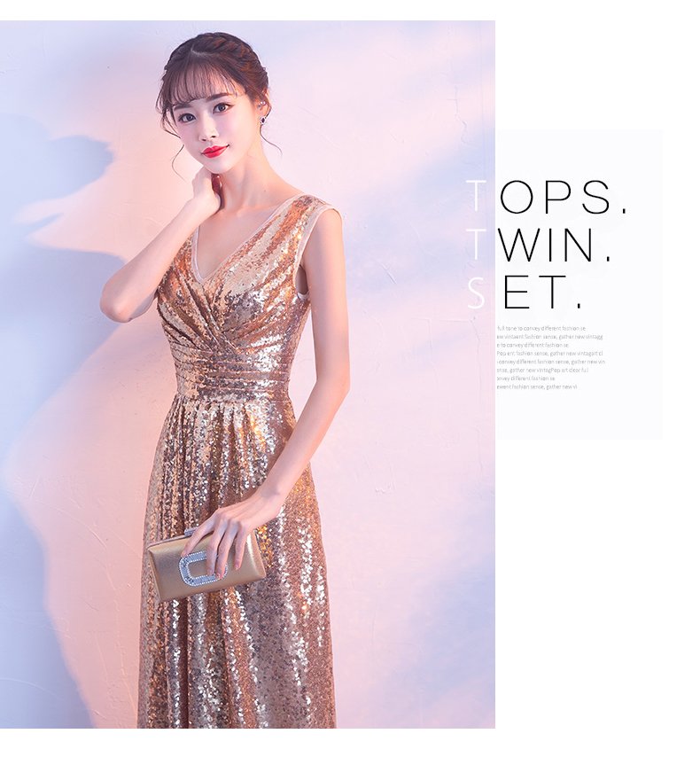 พร้อมเช่า ชุดราตรียาว แขนกุด สี Rose Gold แต่งเลื่อมทั้งตัว จับจีบช่วงเอว สวยหรู (ซิปหลัง)