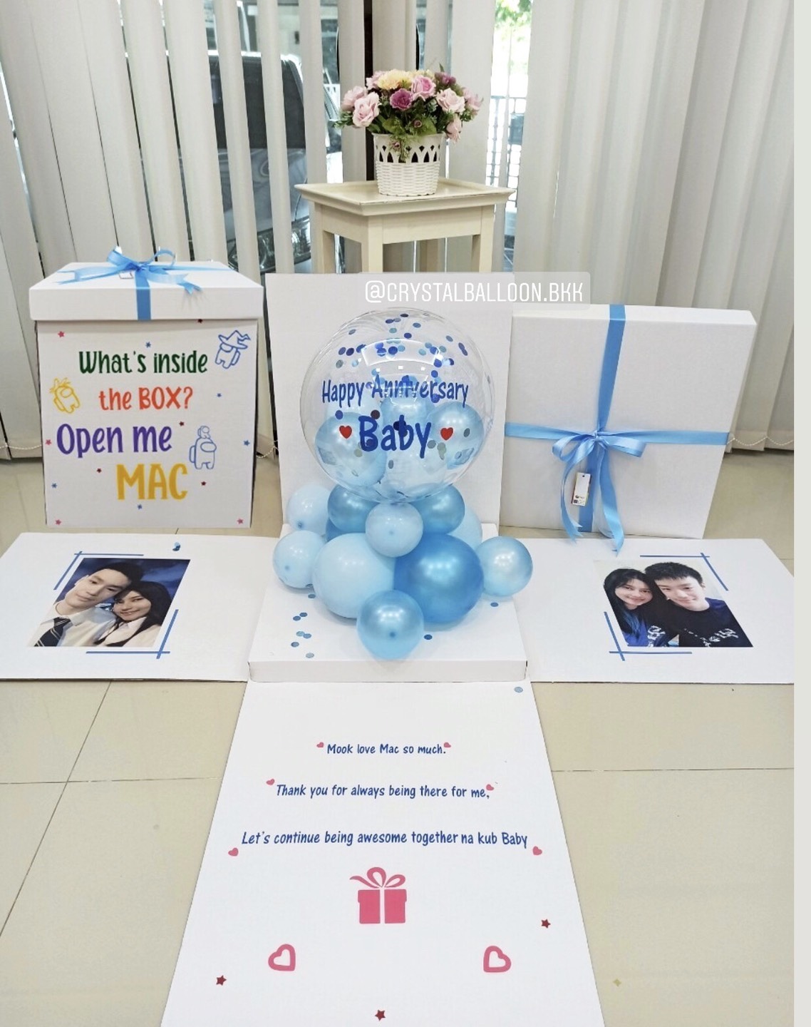 Happy Anniversary ครบรอบ แบบกล่อง พร้อมตกแต่ง Bubble ตั้งฐาน สีฟ้า,สามารถใส่รูปได้ 2 ใบ สามารถเปลี่ยนสีลูกโป่ง/เปลี่ยนข้อความได้
