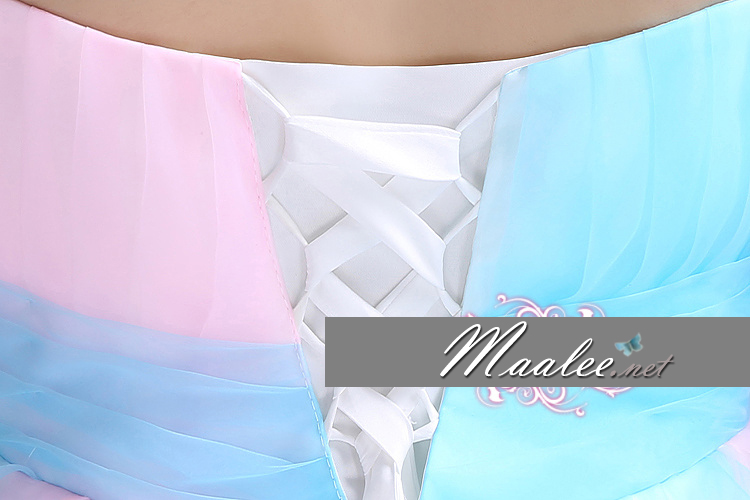 พร้อมเช่า ชุดแฟนซี ชุดราตรียาว เกาะอก สีฟ้า ชมพู สวยหวาน ผ้าโปร่งแต่งดอกไม้