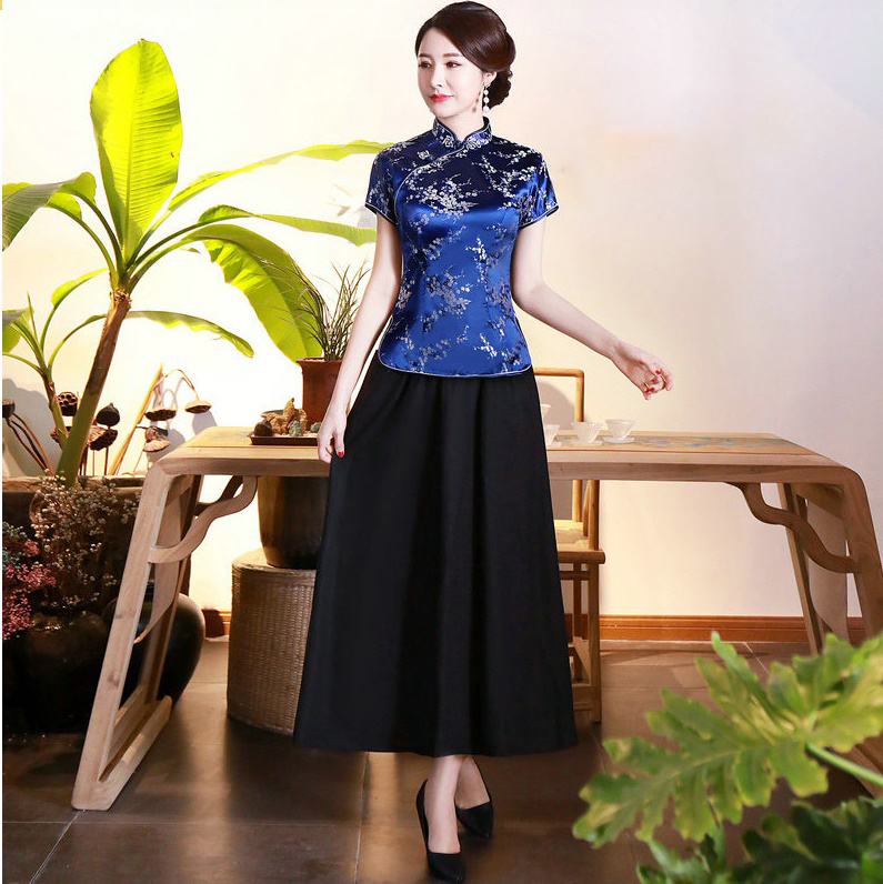 Pre-order เสื้อกี่เพ้า สีน้ำเงิน ลายดอกเหมย ผ้าไหมจีน กุ๊นขอบ ตัดเย็บอย่างดี