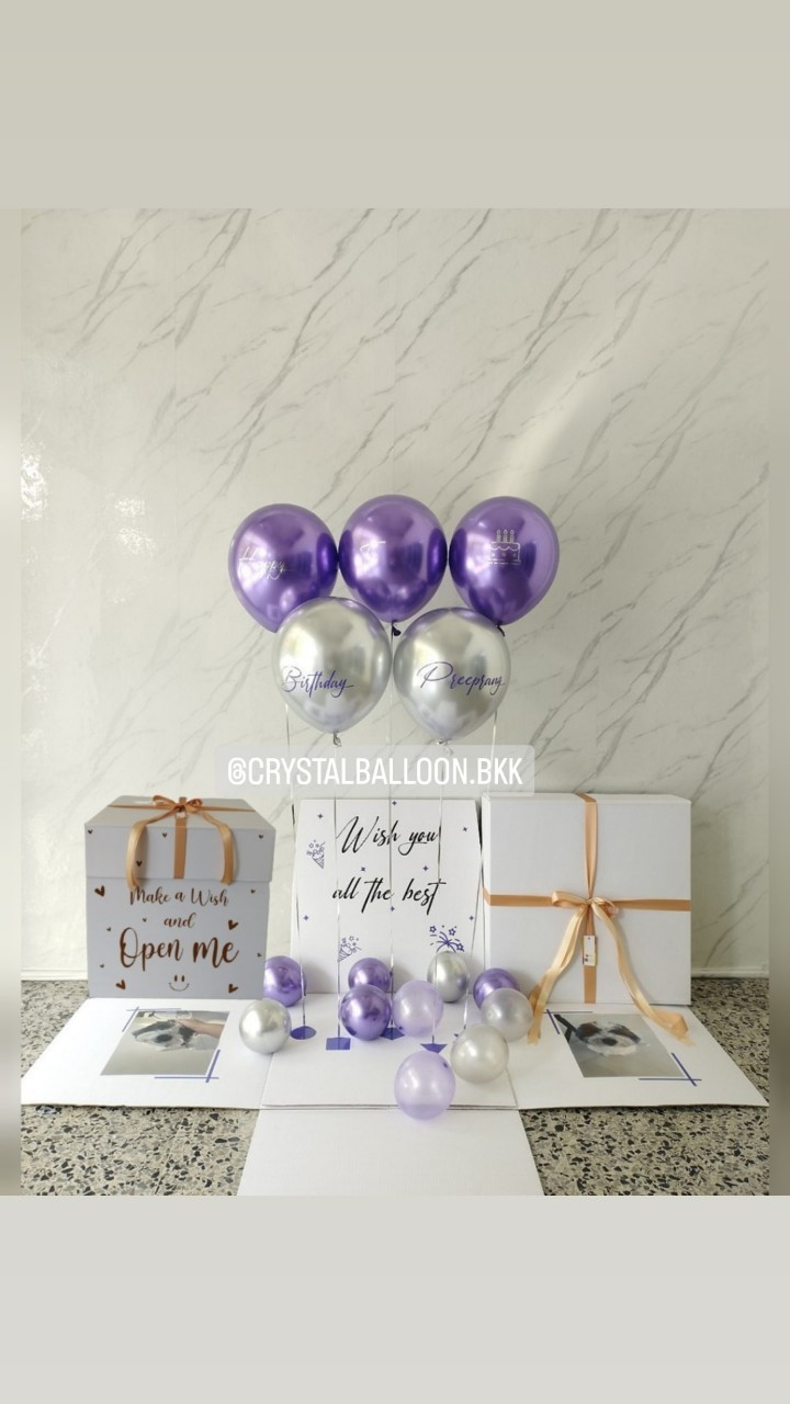 Happy Birthday Surprised Box กล่องเซอร์ไพรส์วันเกิด Theme ม่วง-เงิน ลูกโป่ง 5 ลูก สามารถใส่รูปได้ 2 ใบ สามารถเปลี่ยนสีลูกโป่ง/เปลี่ยนข้อความได้