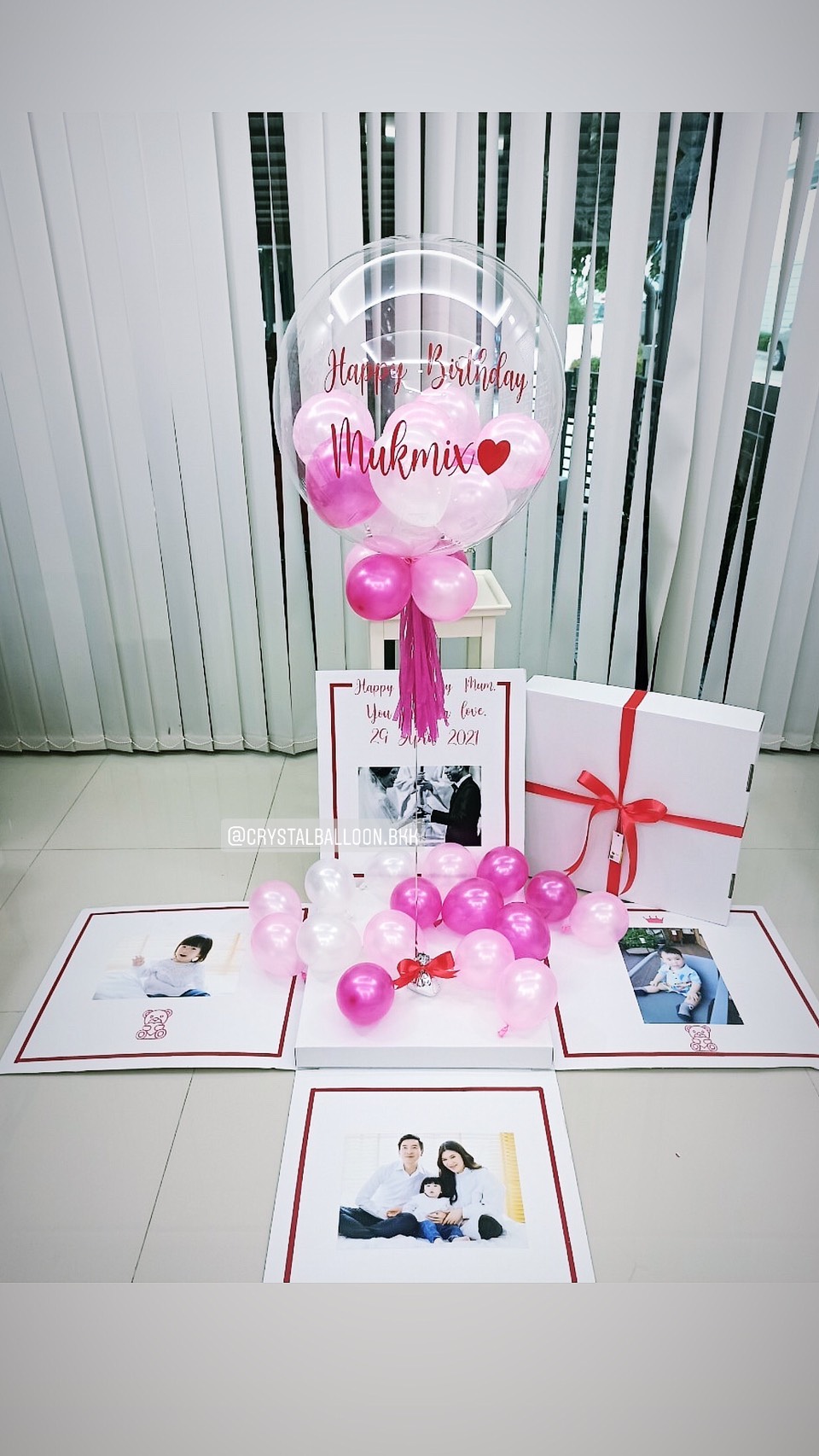 Happy Birthday Surprise Box กล่องเซอร์ไพรส์วันเกิด Bubble USA ขนาด 24" Theme สีชมพู พร้อมตกแต่ง สามารถใส่รูปได้ 4 ใบ สามารถเปลี่ยนสีลูกโป่ง/เปลี่ยนข้อความได้