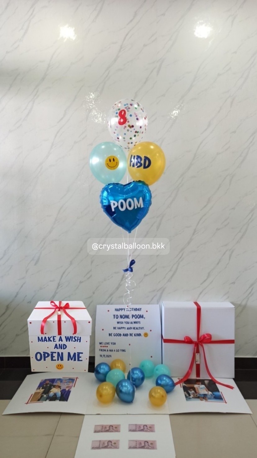 Happy birthday Surprised Box กล่องเซอร์ไพรส์วันเกิด พร้อม ลูกโป่ง 4 ลูก พร้อมตกเเต่ง สามารถใส่รูปได้ 2 ใบ สามารถเปลี่ยนสีลูกโป่ง/เปลี่ยนสีข้อความได้