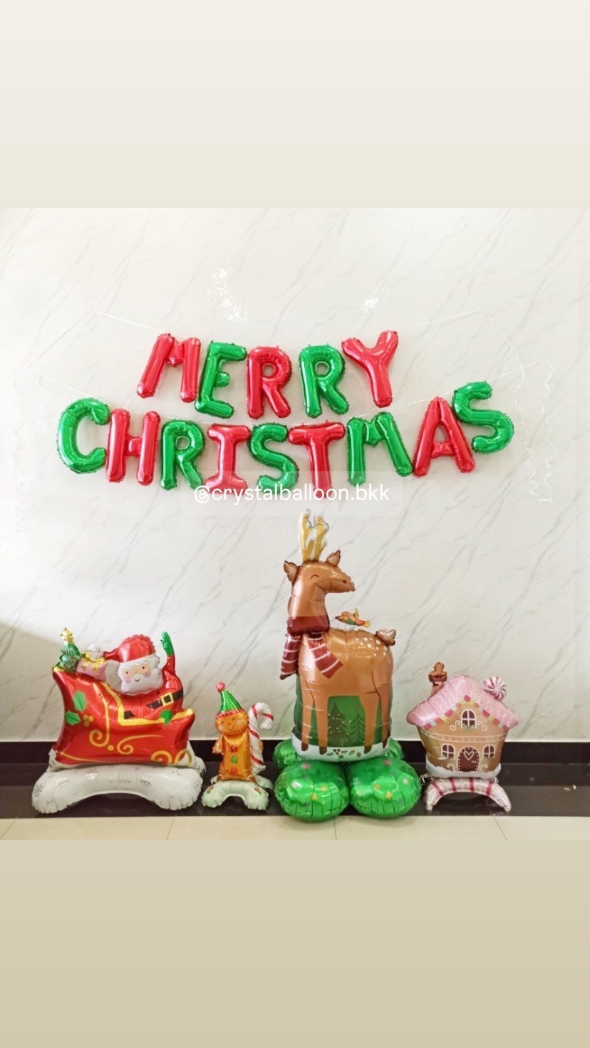 ลูกโป่ง Christmas ฟอยล์ตัวอักษร Meery Christmas ขนาด 16" 1 ชิ้น พร้อม ฟอยล์กวาง 1 ชิ้น,ฟอยล์แซนต้า 1 ชิ้น,ฟอยล์บ้าน 1 ชิ้น,ฟอยล์ตุ๊กตาขนมผิง 1 ชิ้น พร้อมตกแต่ง สามารถเปลี่ยนสีลูกโป่ง/เปลี่ยนข้อความ/เปล