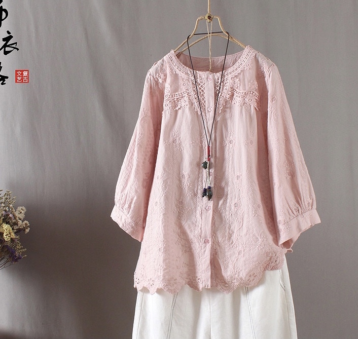 เสื้อฝ้ายนุ่มลายปักลูกไม้