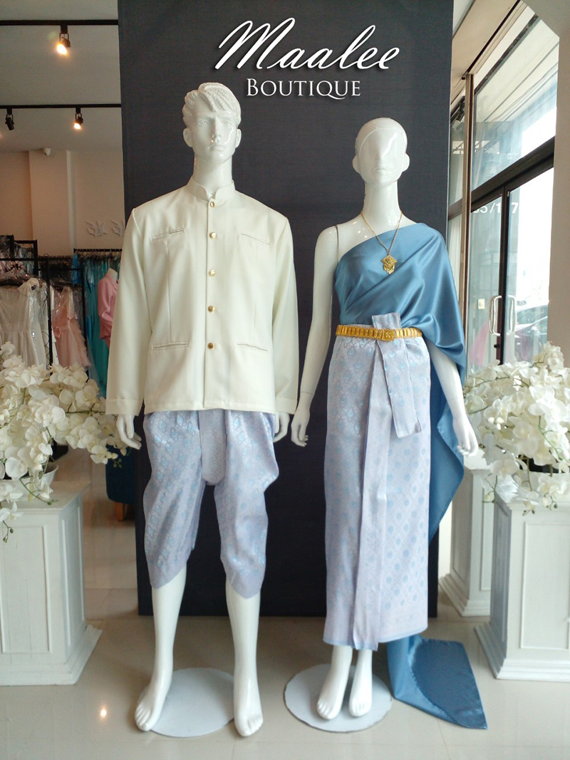 เช่า ชุดไทย ชุดเพื่อนเจ้าสาว ชุดไทยผ้าถุงสีชมพูฟ้าเงิน สไบเรียบสีเทาฟ้าเข้ม