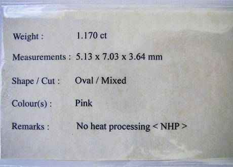 พิงค์ซัฟฟาย(Pink Sapphire)พลอยดิบไม่ผ่านการเผา unheated ธรรมชาติ100% สีสวย ความสะอาด IF-VVS ขนาด5.13x7.03.x3.64 mm. 1.17 ct. ราคาโทรถาม