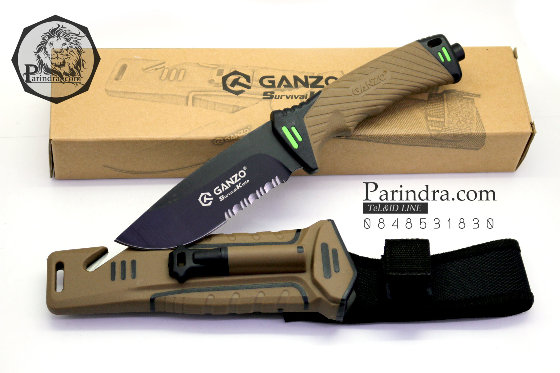 มีดใบตายเดินป่า Ganzo Hunting Survival Knife กานโซ่ รุ่น G-801 DYS สีน้ำตาลตัดดำรุ่นใหม่ ใบมีดกึ่งหยัก ของแท้ 100%