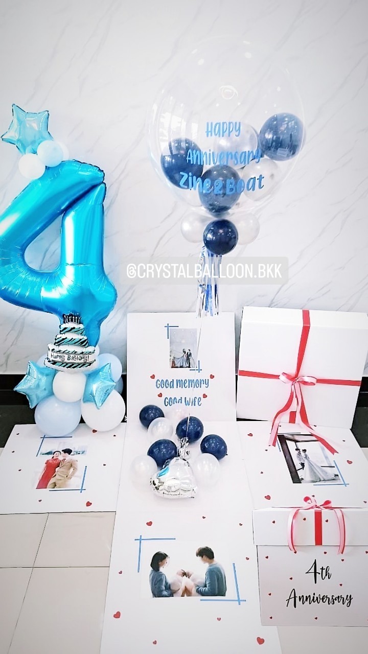 Surprise Box กล่องเซอร์ไพรส์วันครบรอบ Bubble USA ขนาด 24'' Theme สีน้ำเงิน พร้อมตกแต่ง ฟอยล์ตัวเลข ขนาดใหญ่ สามารถใส่รูปได้ 4 รูป สามารถเปลี่ยนสีลูกโป่ง/เปลี่ยนสี-ฟอยล์/เปลี่ยนข้อความได้
