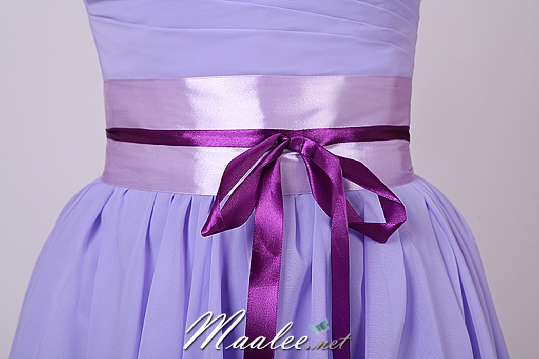 พร้อมส่ง ชุดราตรีสั้น เกาะอก สีม่วง Lavender คอเว้ารูปหัวใจ จับเดรปหน้าอก แต่งคาดเอวซาติน