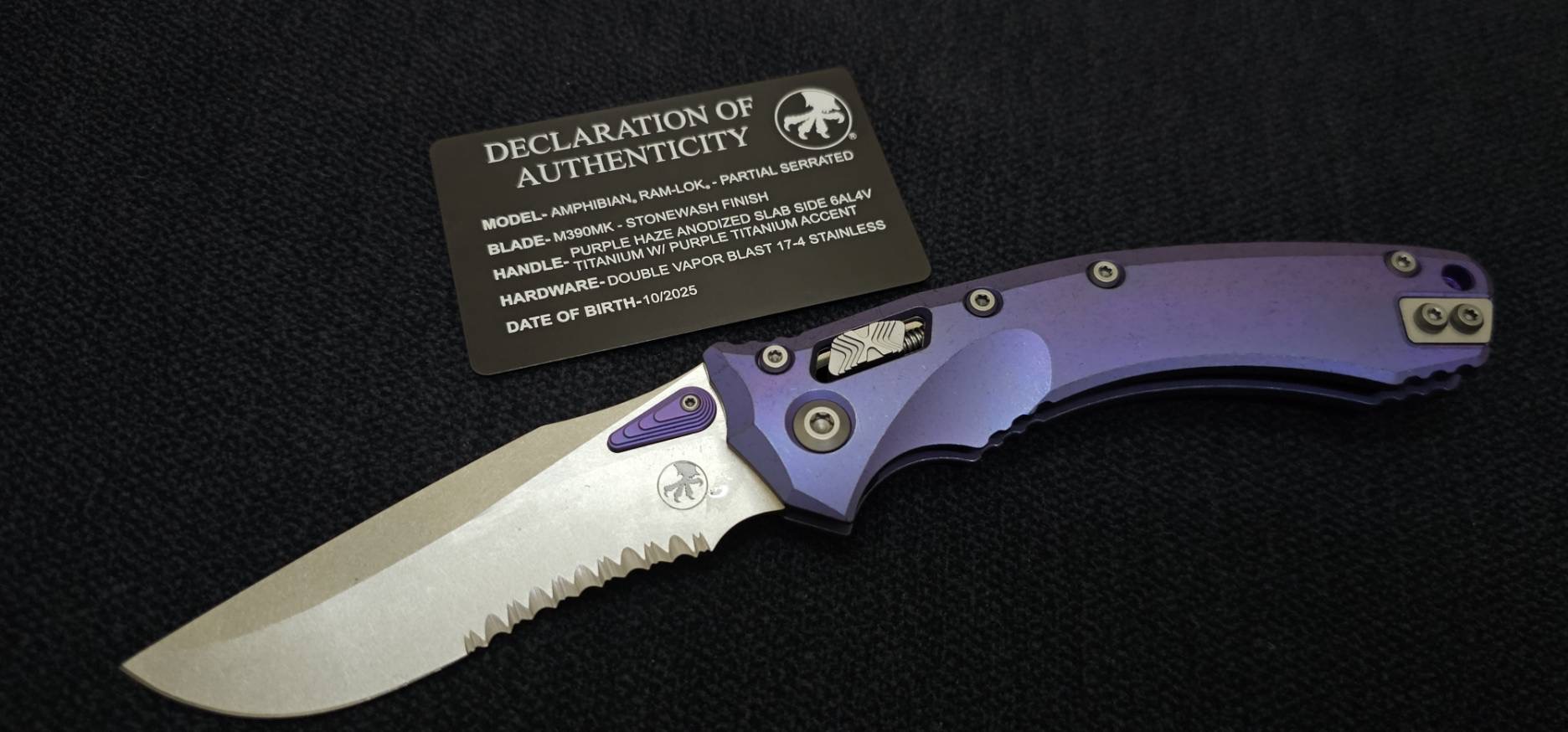 Microtech Marfione Select Amphibian RAM LOK Purple Haze Titanium Handles & Part Serrated Stonewash M390MK w/ Double Vapor Blast & Purple Accents