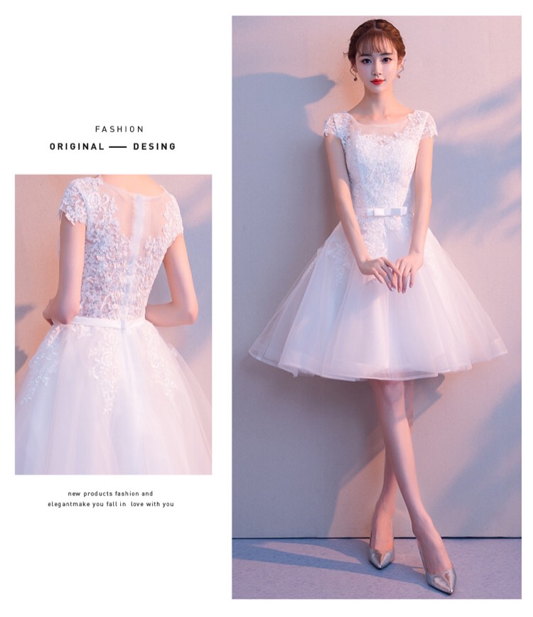 พร้อมส่ง ชุดราตรีสั้น แขนสั้น สีขาว สวยหวาน กระโปรงตาข่าย ตัวชุดลูกไม้&แต่งโบว์ช่วงเอว (ซิปหลัง)