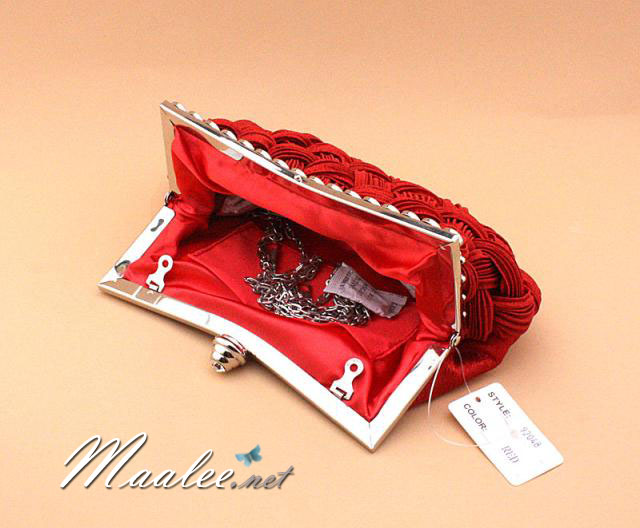 Evening Clutch กระเป๋าออกงาน สีม่วงแดง อัดพลีทลายสาน ประดับคริสตัลปากกระเป๋า พร้อมสายโซ่สั้น/ยาว