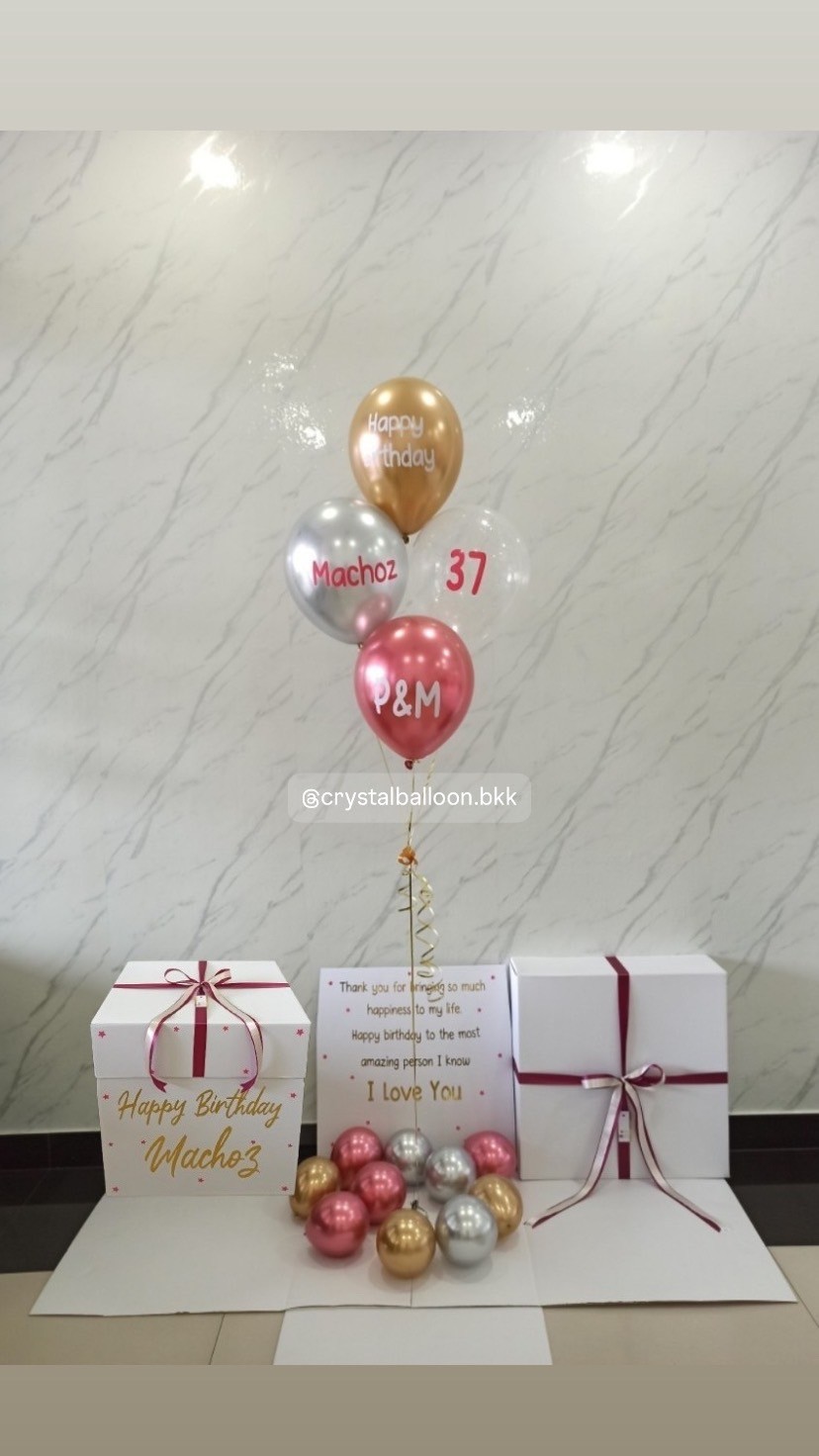 Happy Birthday Surprised Box กล่องเซอร์ไพรส์ พร้อม ลูกโป่ง 4 ลูก พร้อมตกเเต่ง สามารถใส่รูปได้ 2 ใบ สามารถเปลี่ยนสีลูกโป่ง/เปลี่ยนสีข้อความได้