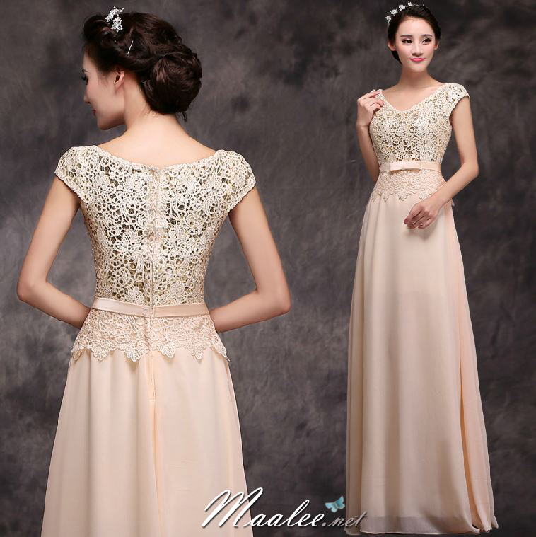 พร้อมเช่า ชุดราตรียาว แขนสั้น กระโปรงผ้าชีฟอง เอวคาดเข็มขัดโบว์ ช่วงบนปักเลื่อมแซมผ้าลูกไม้ สีครีม Champagne