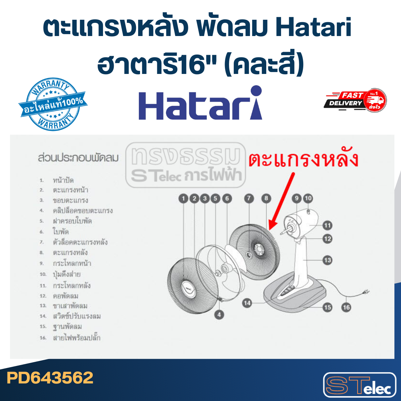ตะแกรงหลัง พัดลม Hatari ฮาตาริ16"(คละสี) แท้