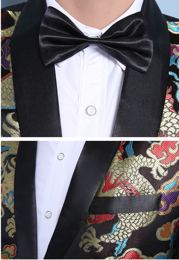 Pre-order ชุดสูทจีนชาย สีน้ำเงินปกคอน้ำเงิน พิมพ์ลายกราฟฟิก