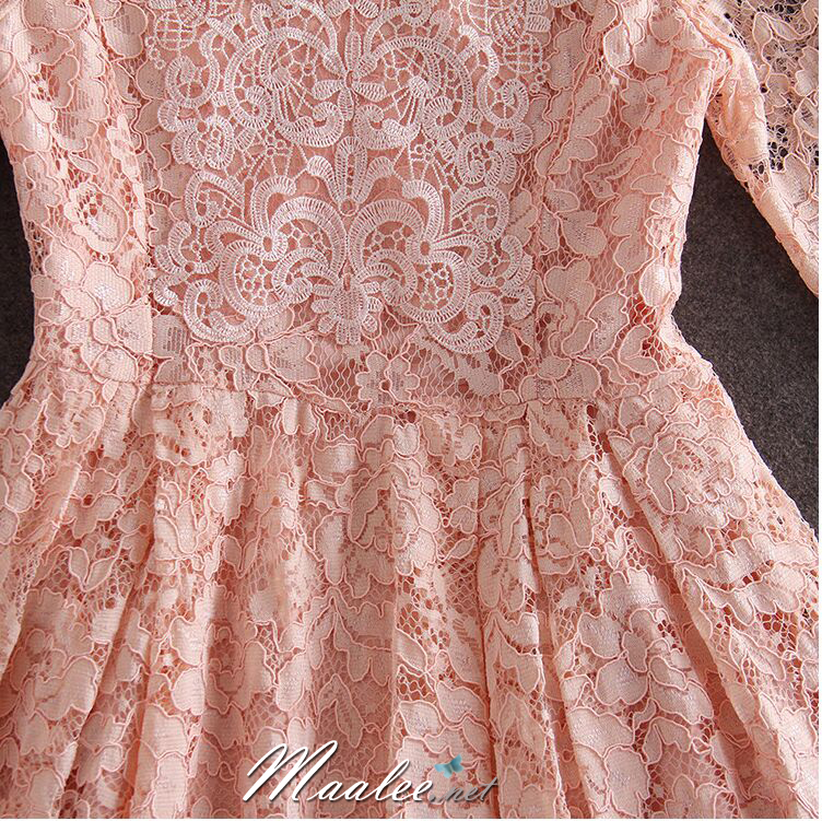 พร้อมส่ง ชุดราตรีสั้น/แขนยาว คอวี เนื้อผ้าลูกไม้ & Cotton แต่งซิปข้าง สีแดง (เหลือเฉพาะไซส์ 3XL)