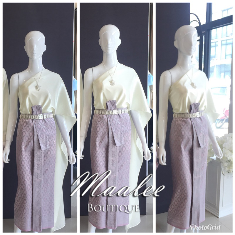 เช่า ชุดไทย ชุดเพื่อนเจ้าสาว ชุดไทยผ้าถุงสีเทาชมพูเงิน สไบเรียบสีงาช้าง