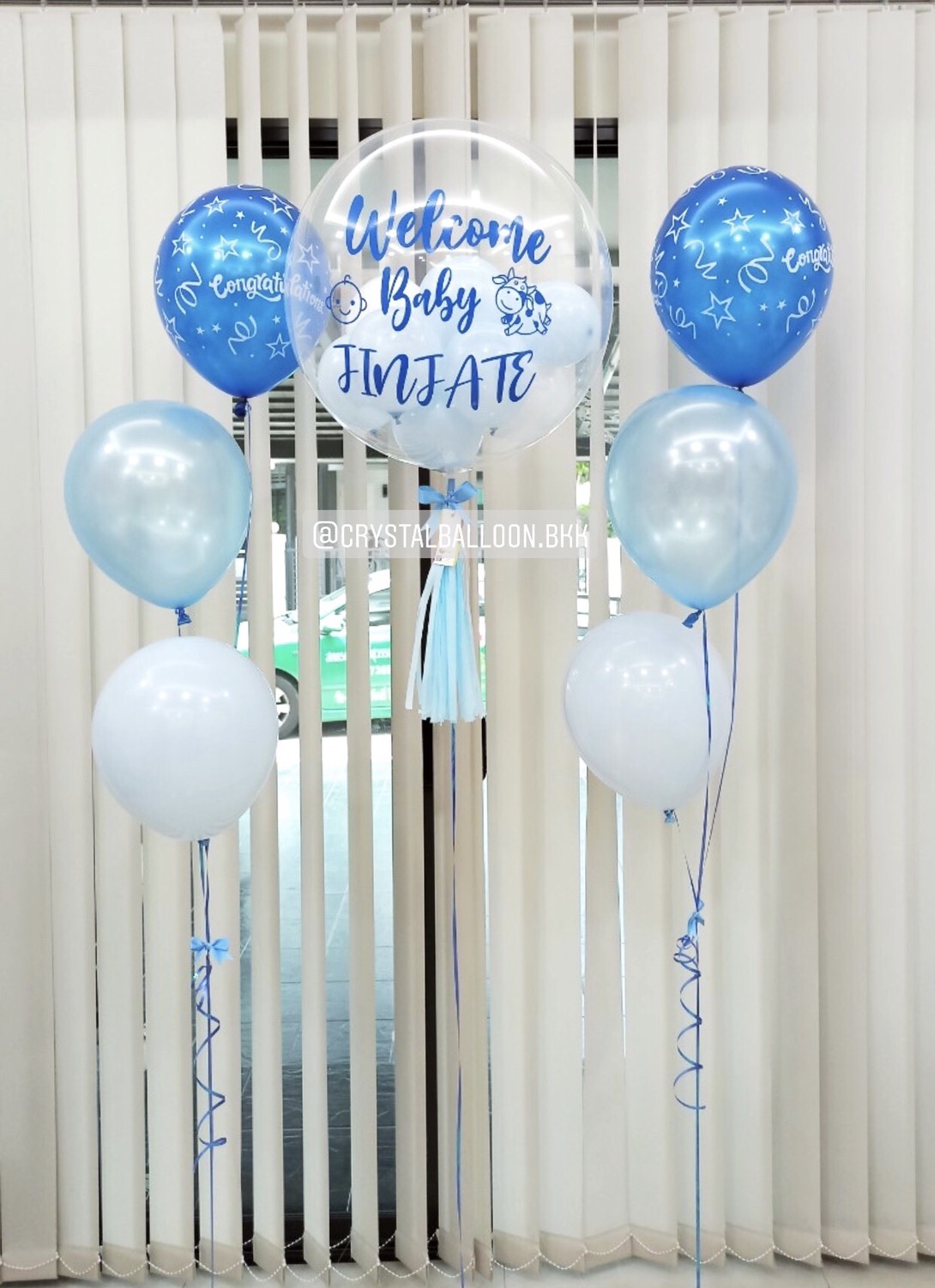 ลูกโป่ง Welcome Baby Bubble USA ขนาด 24" โทนสีฟ้า-สีน้ำเงิน พร้อมตกแต่ง ช่อลูกโป่ง 2 ช่อ สามารถเปลี่ยนสีลูกโป่ง/เปลี่ยนข้อความได้