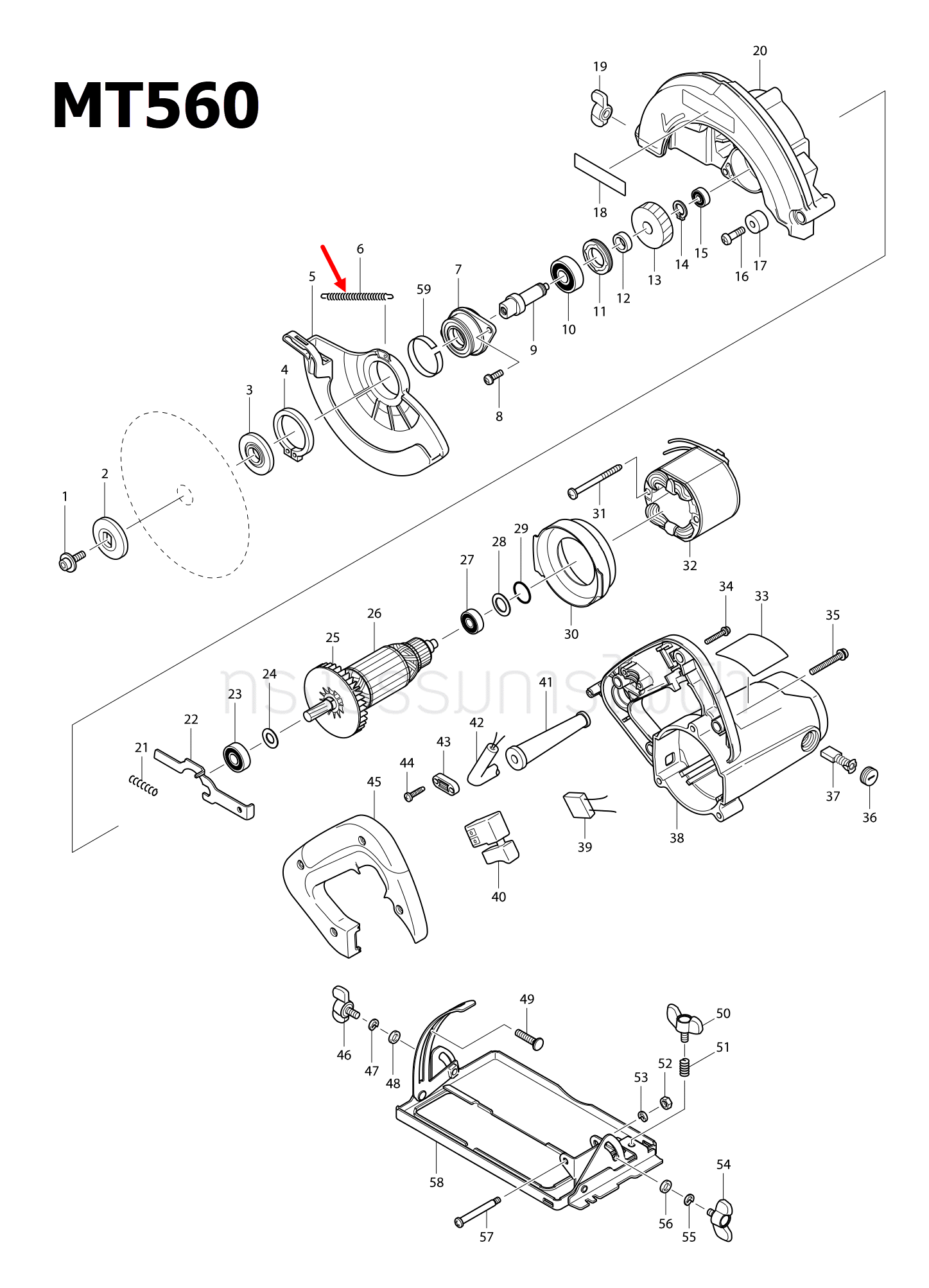 สปริงบังใบล่าง เลื่อยวงเดือน Maktec-Makita MT560, MT580, MT583, M5801, M5801B [#6] Pn.231833-4 (แท้) ##(*)