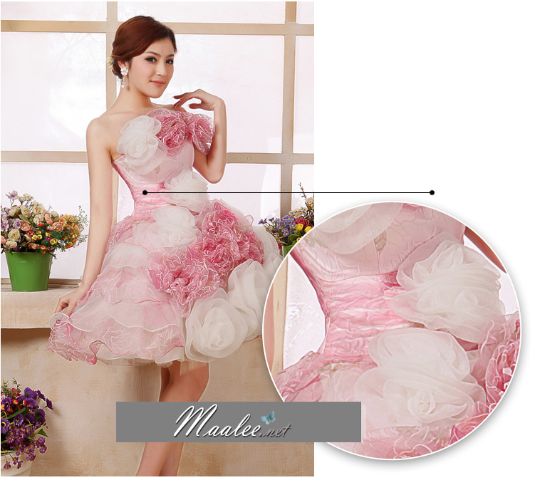 พร้อมเช่า ชุดแฟนซี เช่า 500 ชุดราตรีสั้น เกาะอก สีกุหลาบแต่งดอกไม้สามมิติ พองฟูน่ารักมาก