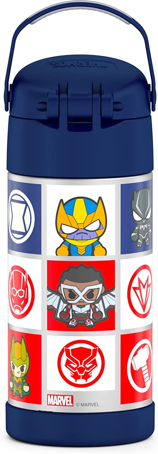 THERMOS FUNTAINER 12 Ounce Stainless Steel Vacuum Insulated Kids Straw Bottle, Avengers