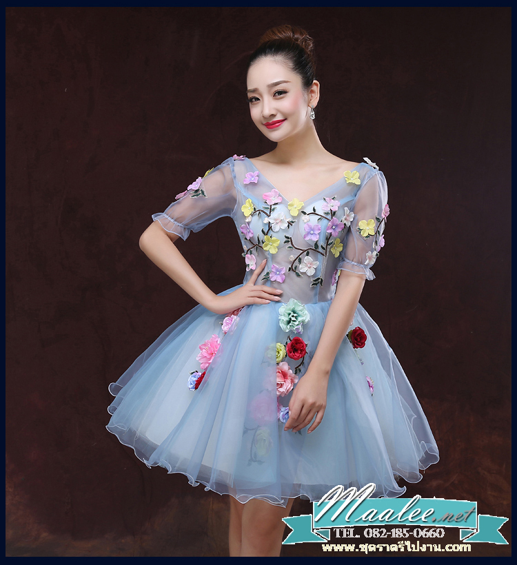 พร้อมเช่า ชุดแฟนซีสั้น สีฟ้า แขนยาว แต่งดอก Fairy สไตล์เจ้าหญิง กระโปรงพองสวยชายย้วย เชือกผูกหลัง