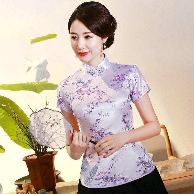Pre-order เสื้อกี่เพ้า สีม่วง ลายดอกเหมย ผ้าไหมจีน กุ๊นขอบ ตัดเย็บอย่างดี