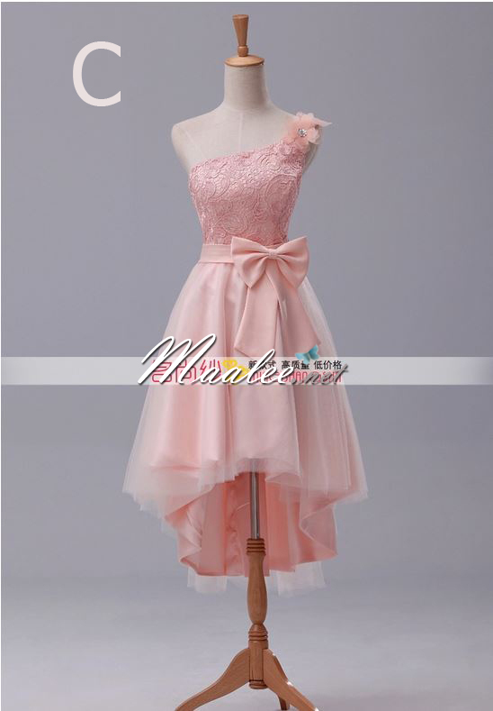 พร้อมเช่า ชุดราตรีสั้น สีโอโรส ไหล่เฉียง แต่งลูกไม้ กระโปรงหน้าสั้นหลังยาว ชุดเพื่อนเจ้าสาว Pink-004C