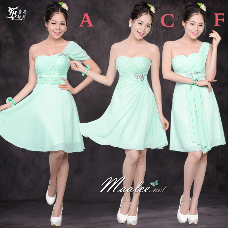 พร้อมส่ง ชุดราตรีสั้น ชุดเพื่อนเจ้าสาว สีเขียวมิ้นต์ ผ้าชีฟอง แบบ C เกาะอก จับจีบช่วงอก เอวแต่งคริสตัล (เชือกผูกด้านหลัง)
