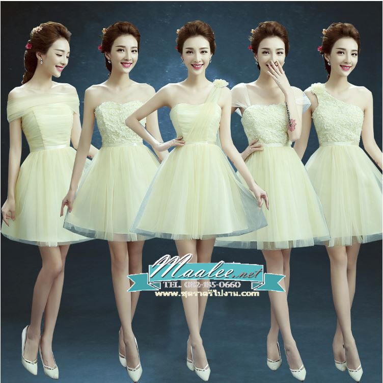 พร้อมส่ง ชุดราตรีสั้น เพื่อนเจ้าสาว แบบ E ไหล่เดียว ดอกไหล่ซ้าย แต่งลูกไม้นูนช่วงอกสวย สีครีม (จับสม๊อกด้านหลัง)