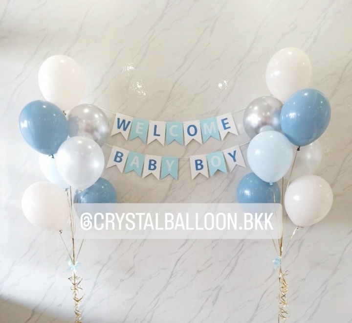 ลูกโป่ง Welcome Baby ลูกโป่งช่อ 7 ลูก 2 ช่อ พร้อม ป้ายธง 14 ตัวอักษร พร้อมตกแต่ง สามารถเปลี่ยนสีลูกโป่ง/เปลี่ยนข้อความ/เปลี่ยนขนาด/เปลี่ยนสี-ป้ายธงได้