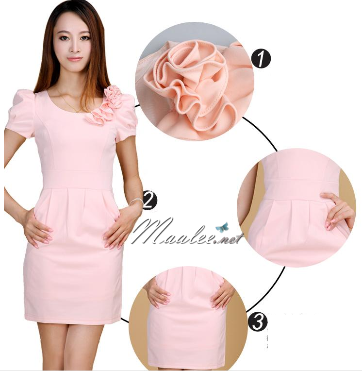 Sale ชุดราตรีสั้น แขนสั้น สีชมพู แต่งดอกไม้ช่วงคอ (เหลือเฉพาะ M , L )